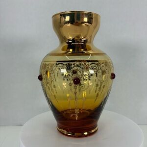 Vintage Vecchia Murano Italy Amber Glass Vase W/ 24 K Gold Trim & Red Stones